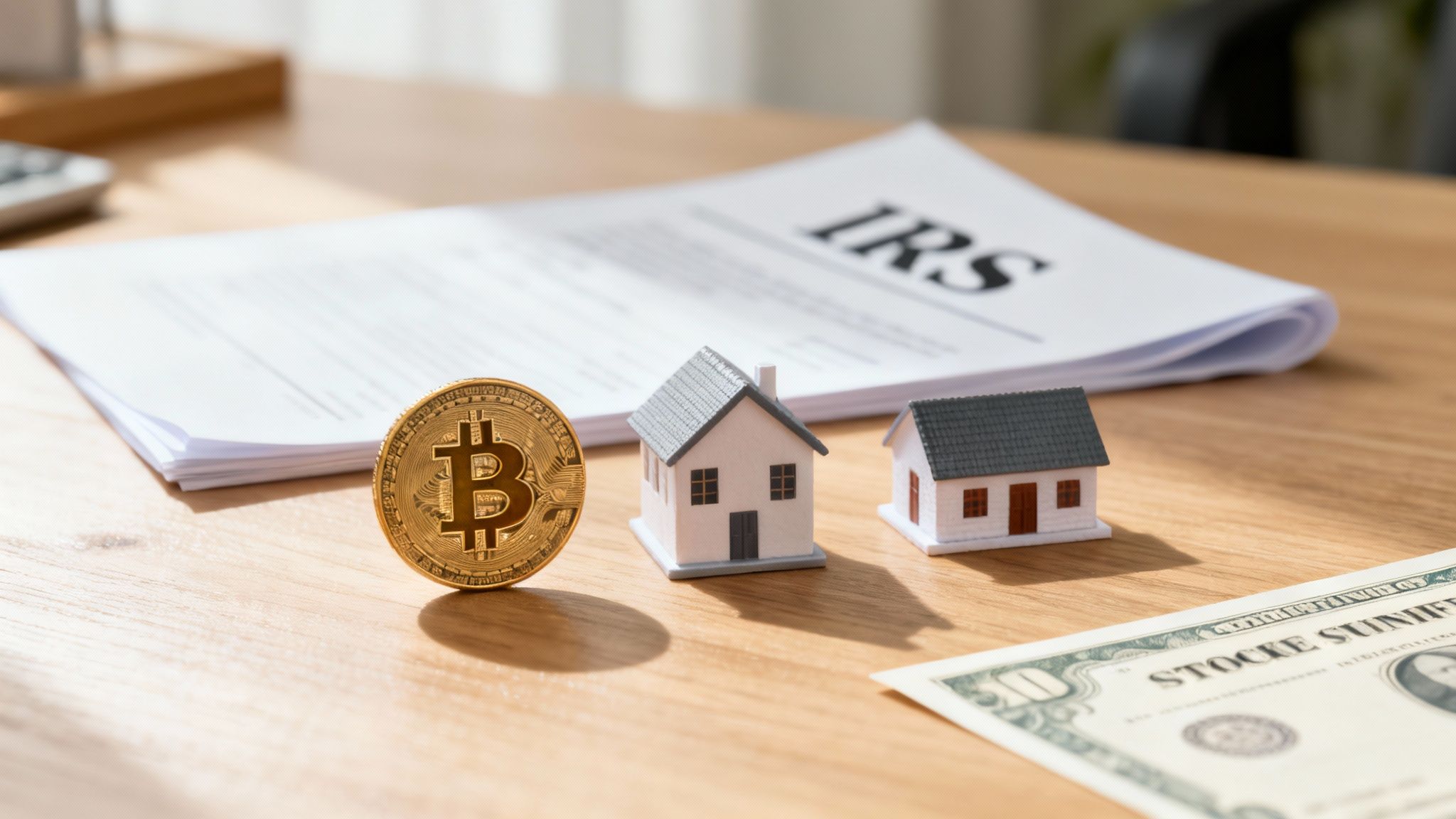 A golden Bitcoin coin, two miniature houses, IRS tax documents, and a ten-dollar bill on a wooden desk.