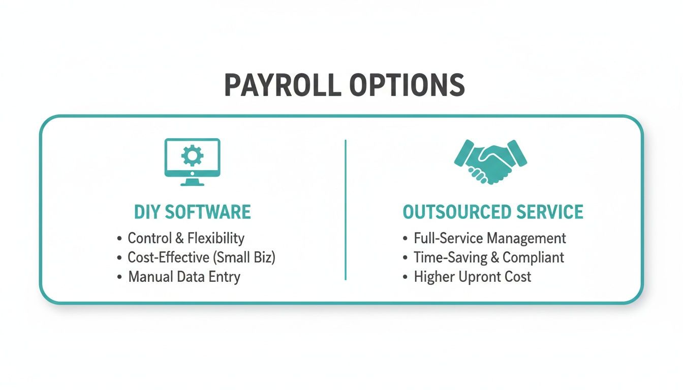 Infographic comparing DIY payroll software and outsourced payroll service options for businesses.
