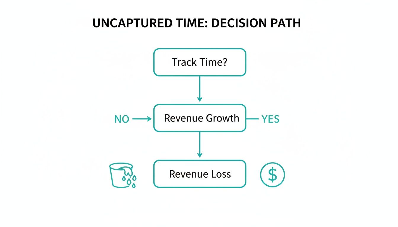 Flowchart illustrating the decision path for uncaptured time, linking time tracking to revenue growth or loss.