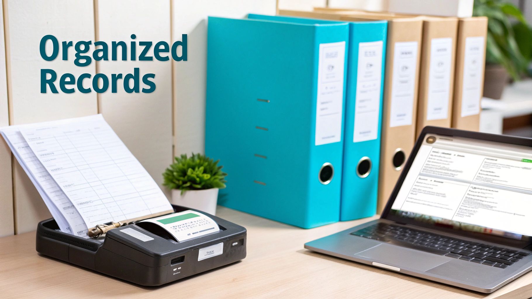 A neatly organized desk with a document scanner, a laptop showing records, and multiple binders.