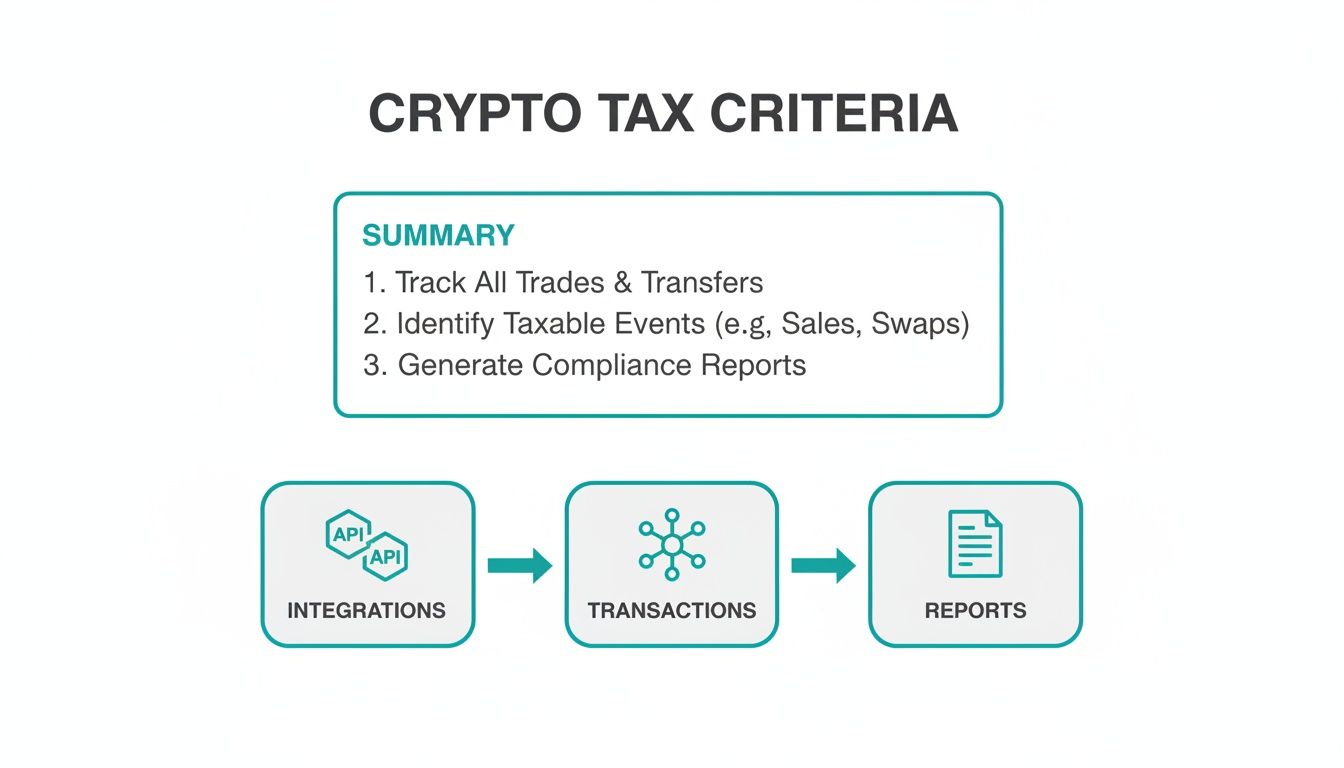 A diagram outlining crypto tax criteria, detailing steps to track trades, identify taxable events, and generate compliance reports.