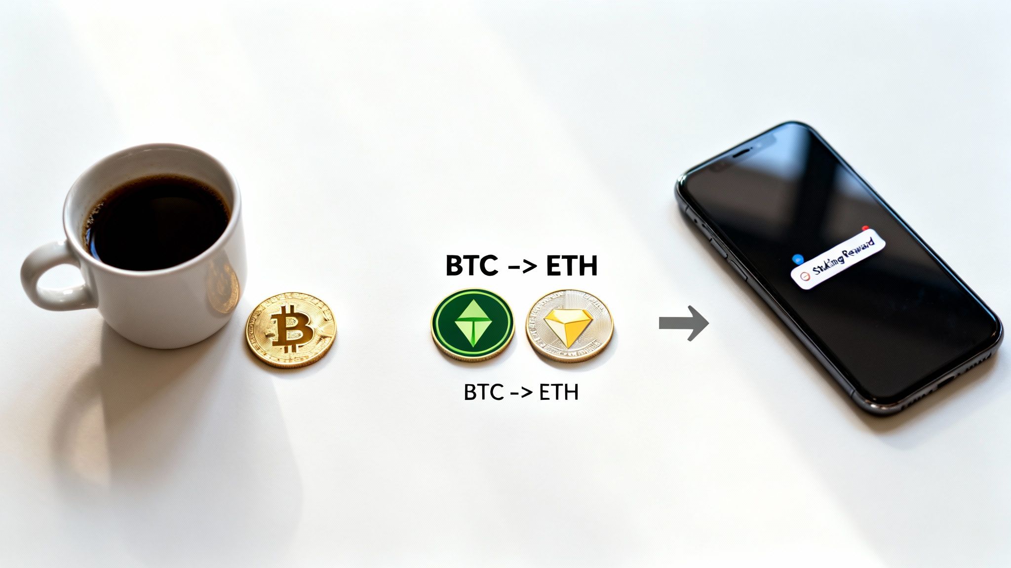 A conceptual image showing crypto assets, including Bitcoin, Ethereum exchange, and a phone with 'Staking Reward'.