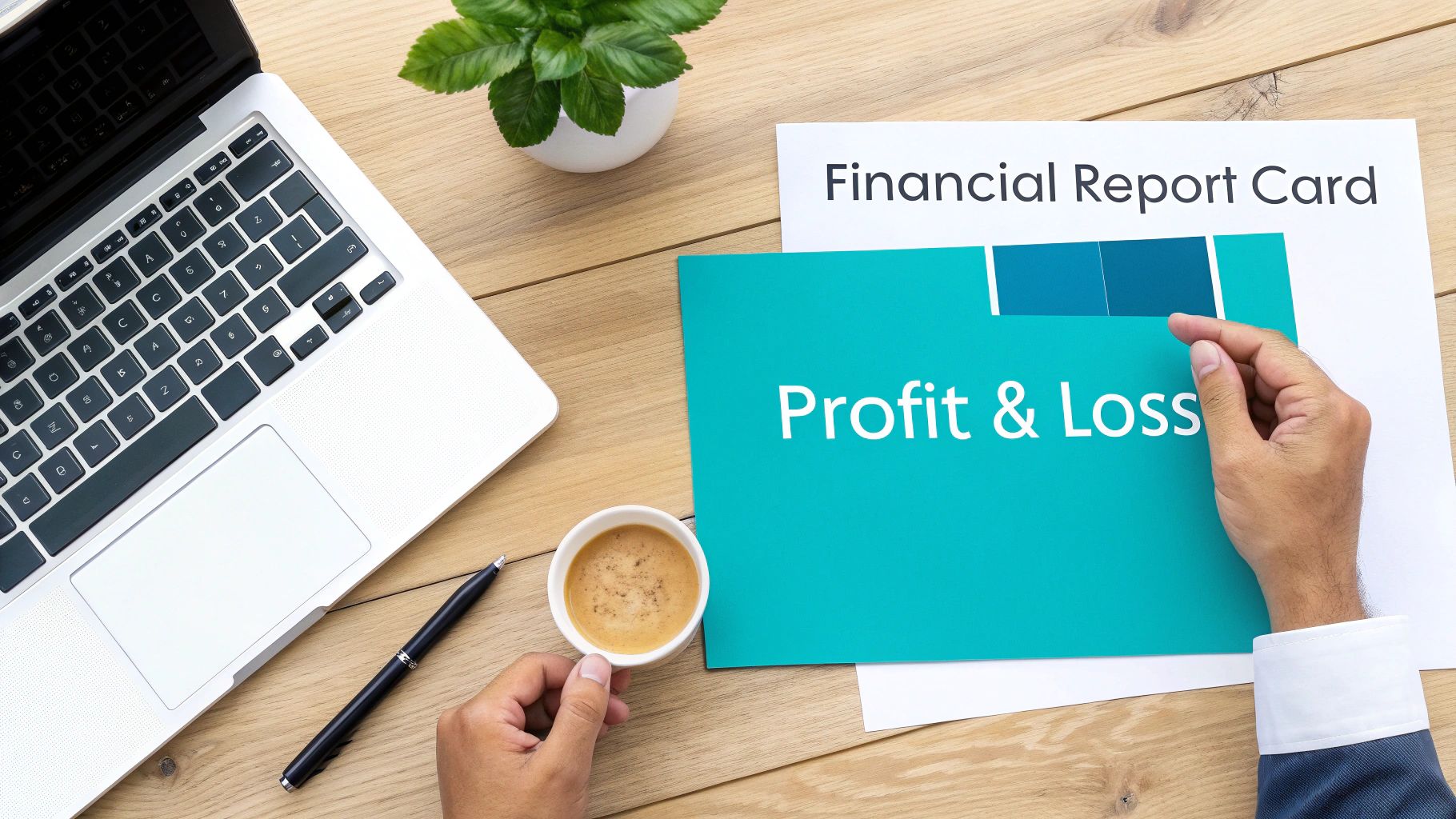 Top-down view of a person reviewing a 'Profit & Loss' statement on a wooden desk with a laptop.