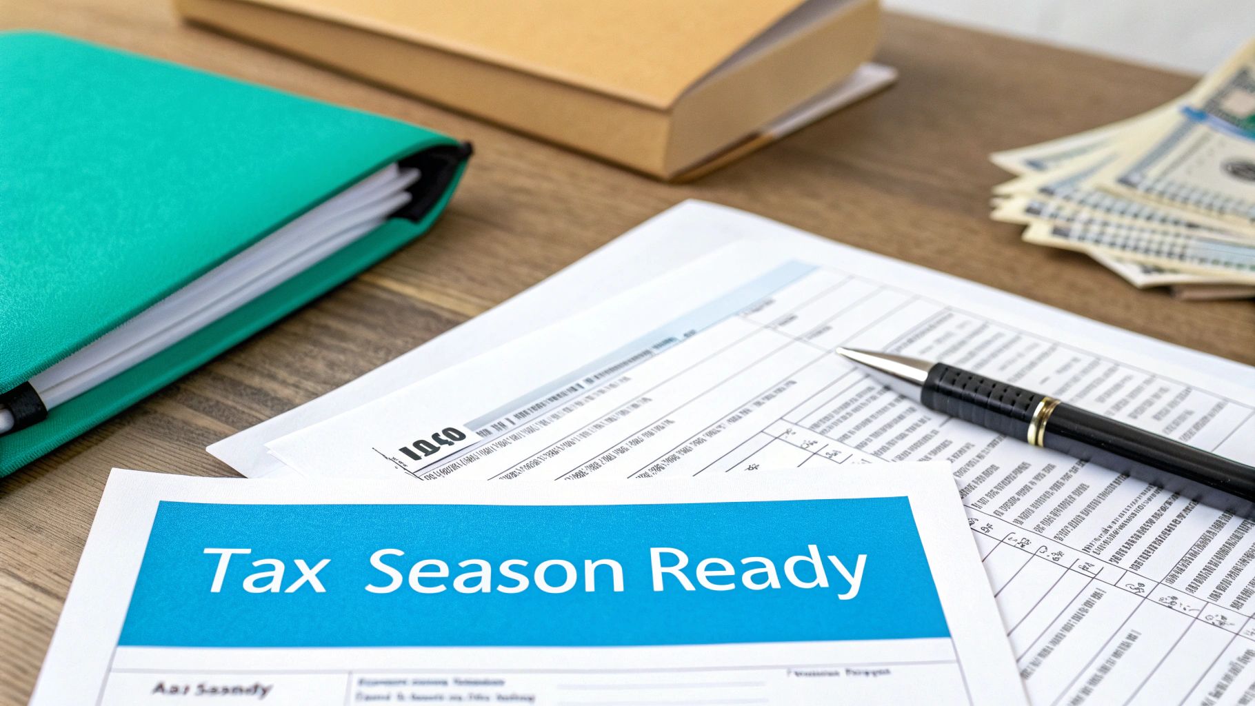 Close-up of tax documents, a pen, a green binder, and money on a wooden desk, labeled 'Tax Season Ready'.