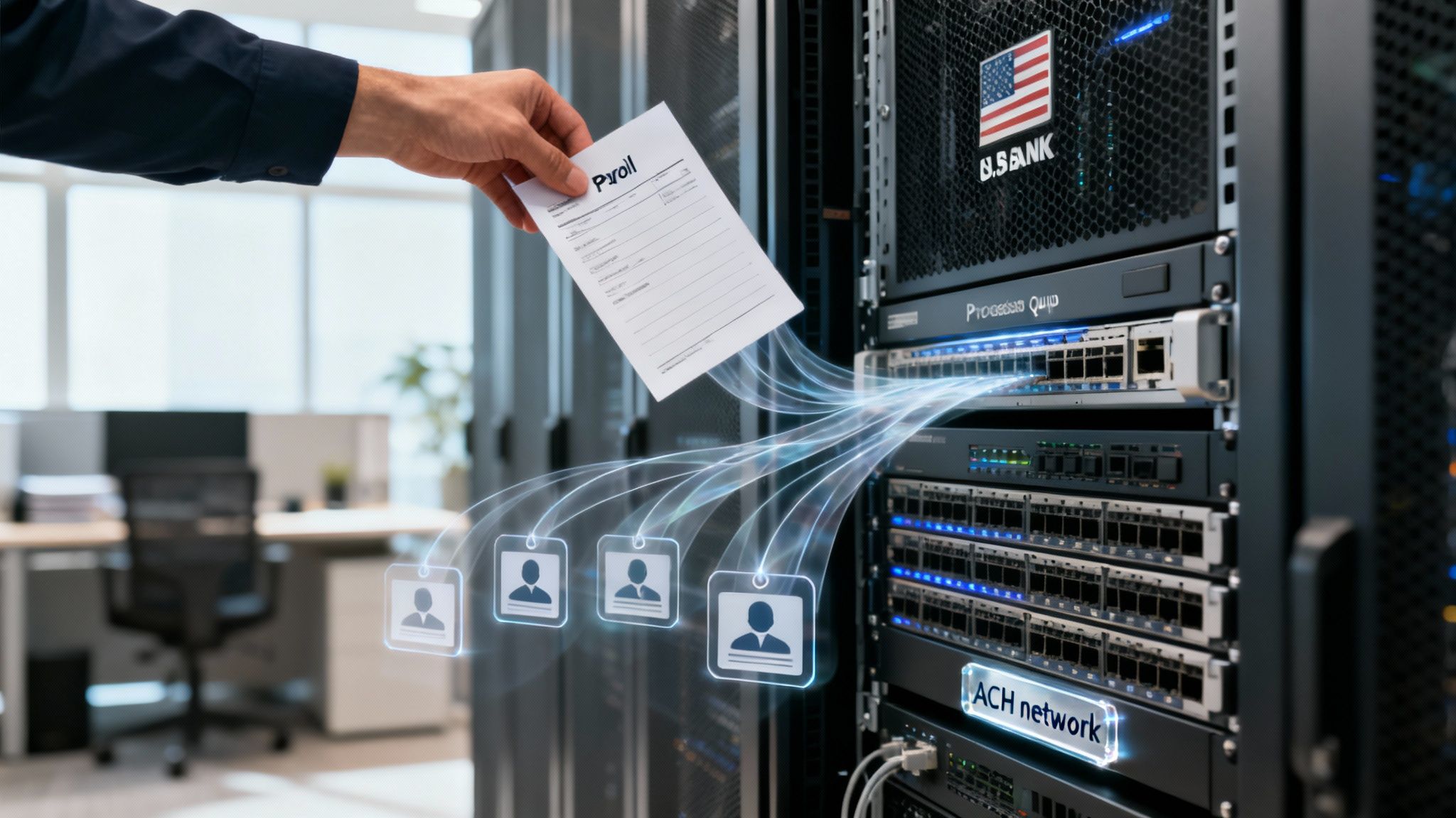 Hand processes a payroll document through a U.S. Bank server and ACH network to multiple employees.