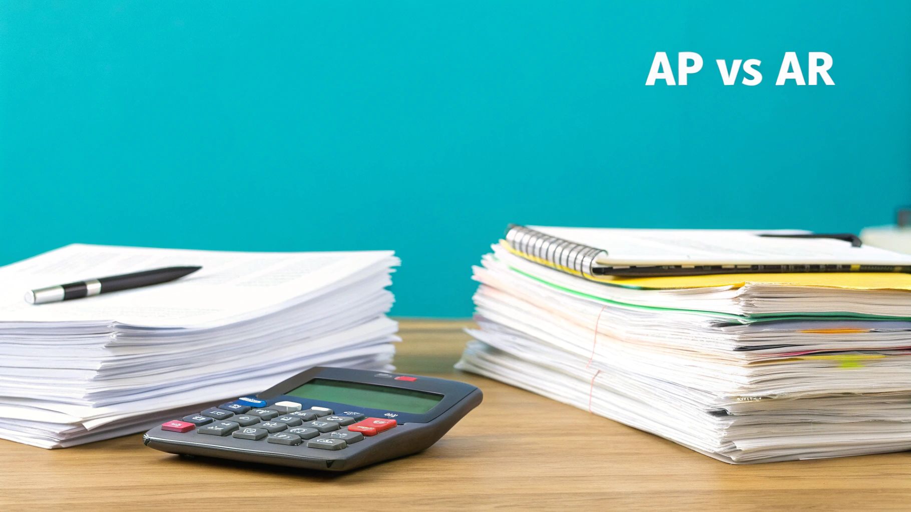 Stacks of financial documents, a calculator, and pen on a desk, with 'AP vs AR' text.