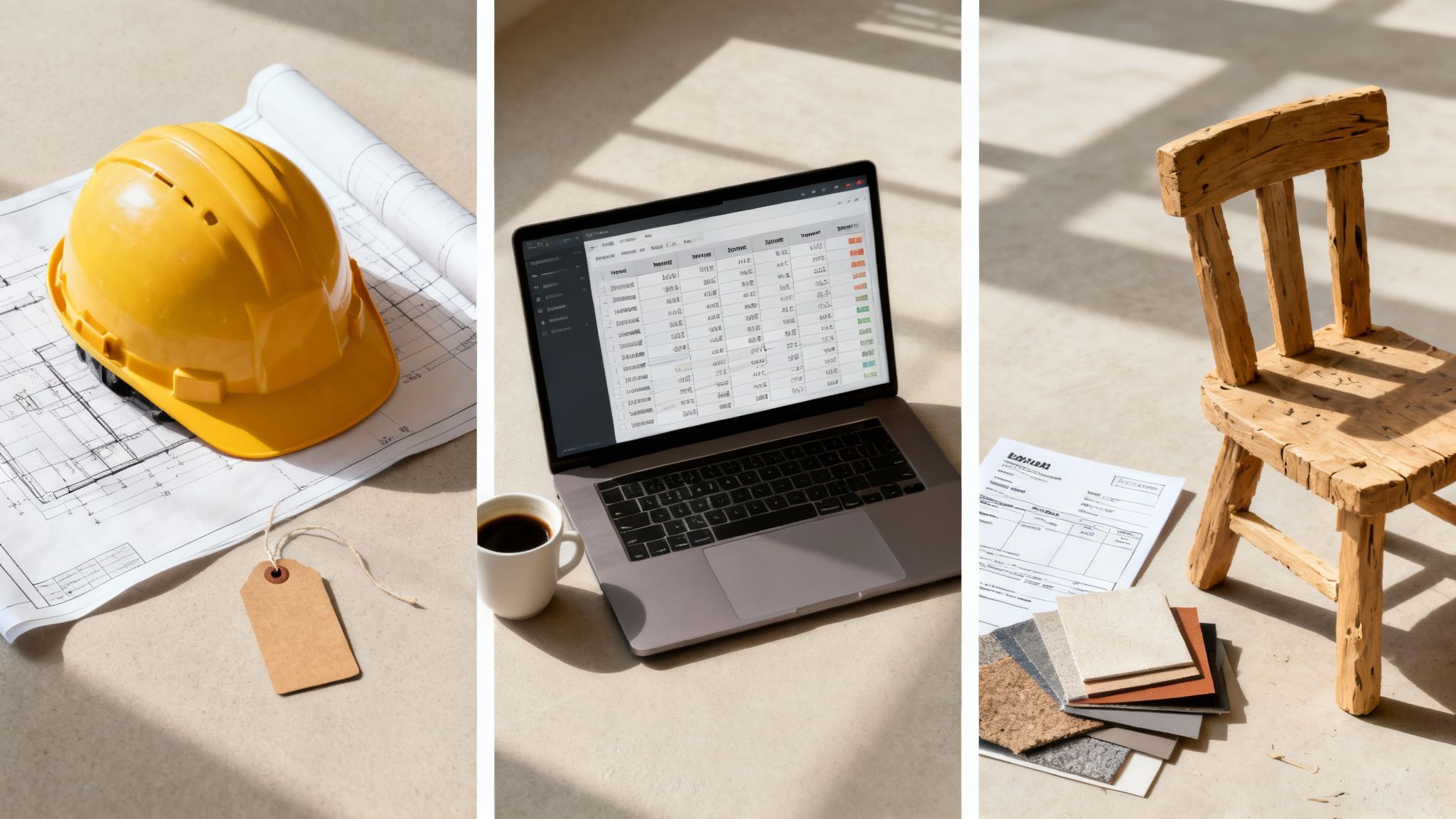 A construction hard hat on blueprints, a laptop with data, and design samples with a wooden chair.