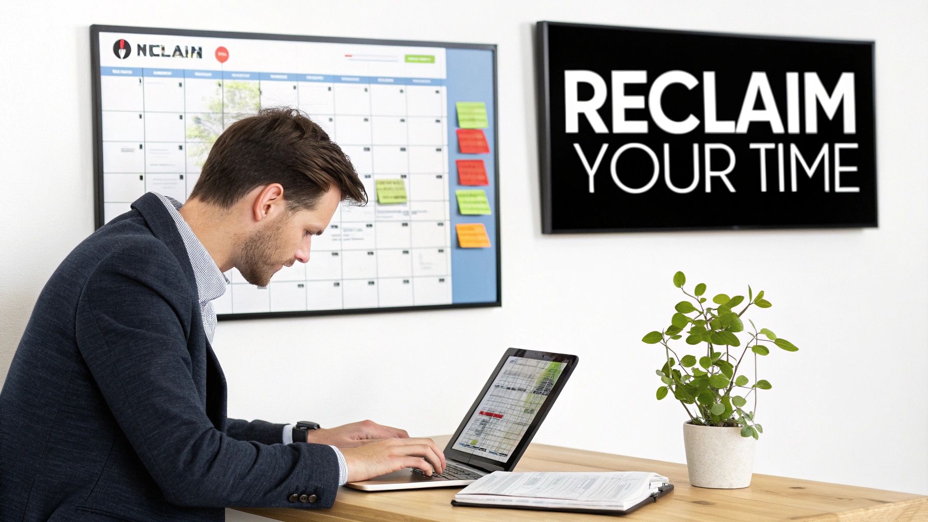 A focused man works on a laptop at a desk, with a calendar board and 'Reclaim Your Time' sign in the background.