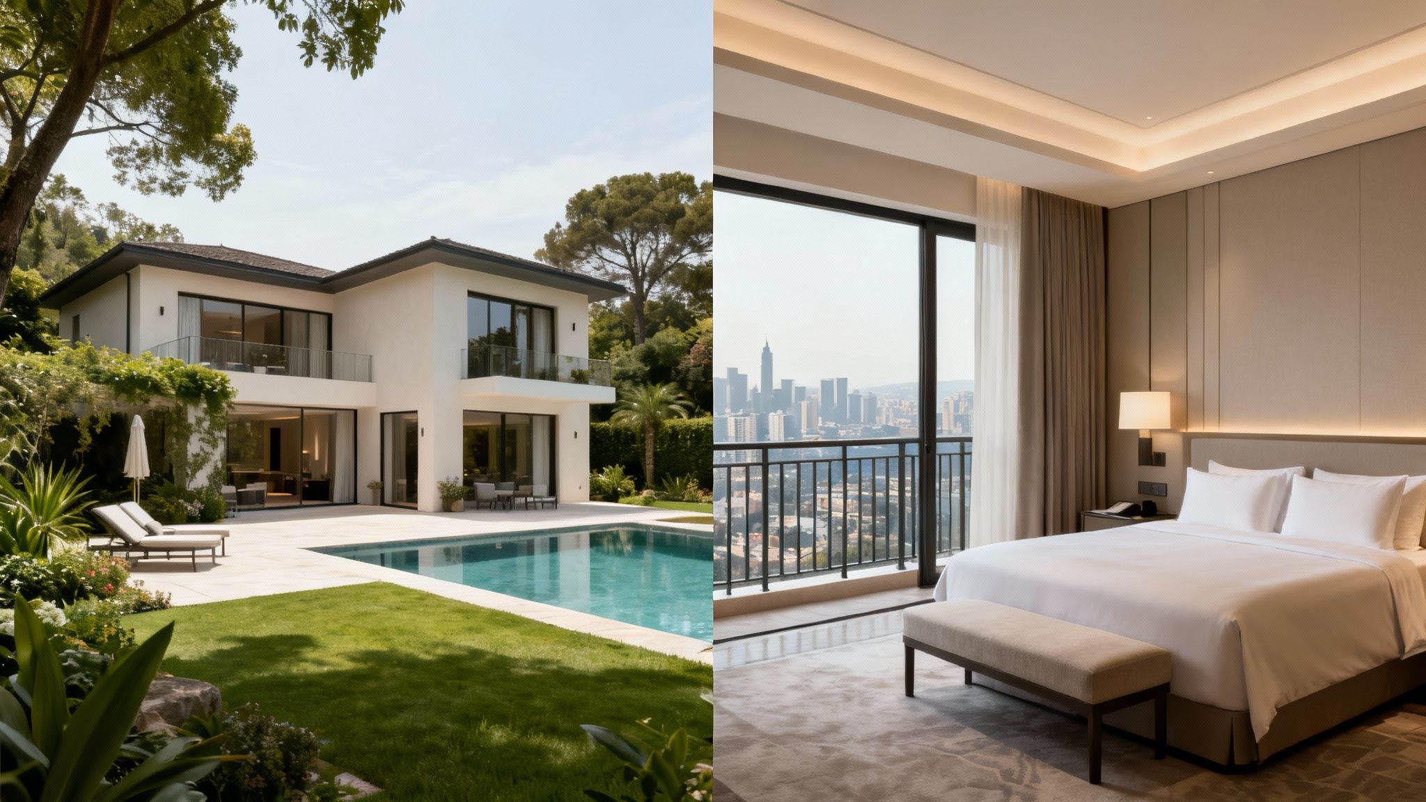 A split image featuring a modern luxury house with a pool and a stylish hotel room with a city view.