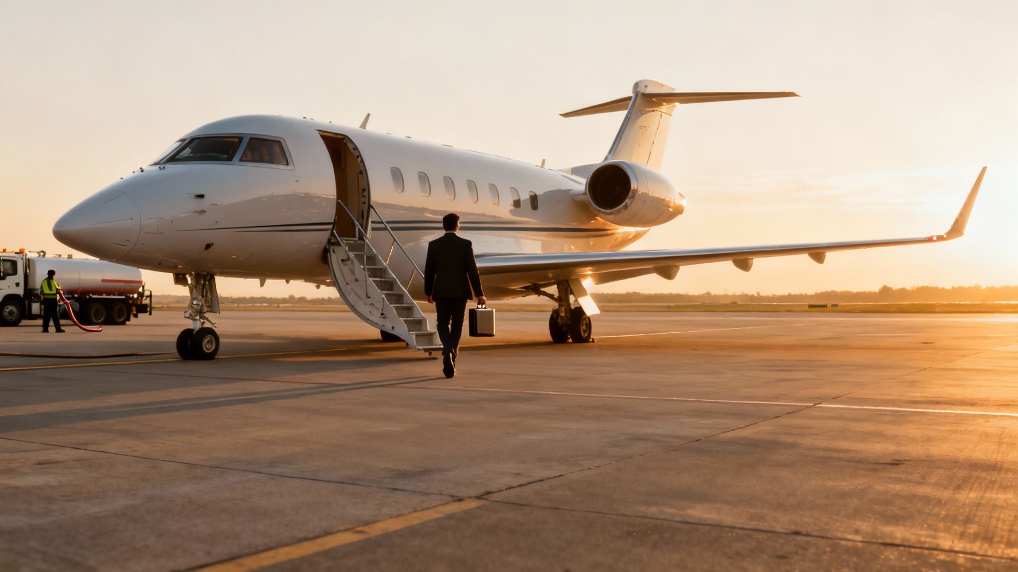 A businessman in a suit walks towards a luxurious private jet on an airfield at sunset.