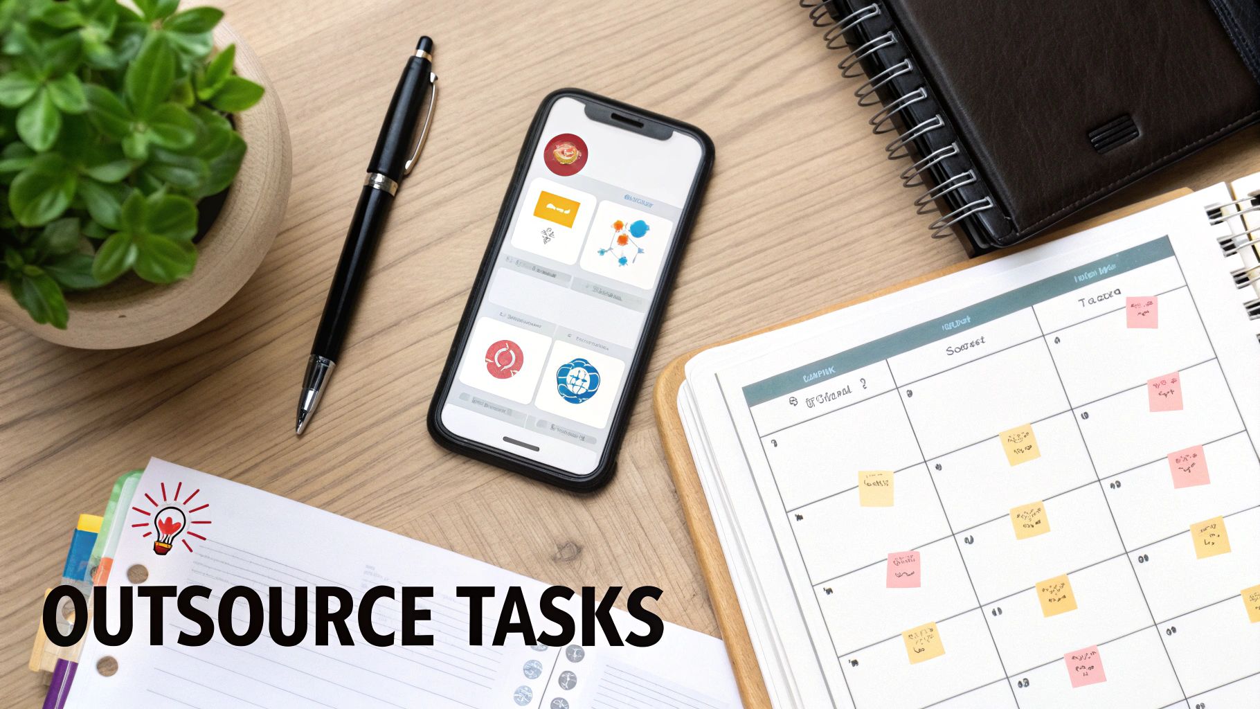 Flat lay of an organized desk with a smartphone, calendar, pen, plant, and 'OUTSOURCE TASKS' document.