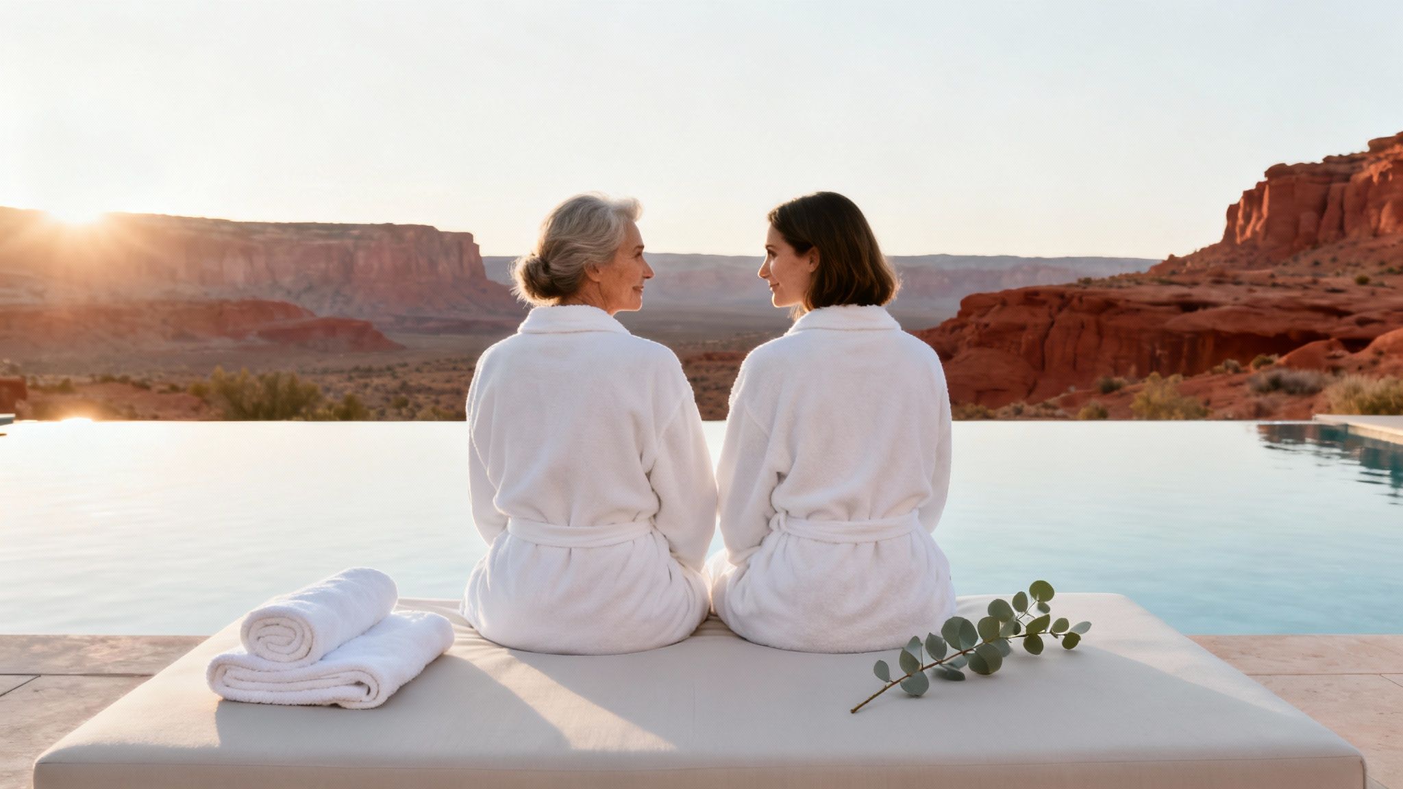 Mother and daughter relaxing in bathrobes by an infinity pool with a stunning desert sunset view.