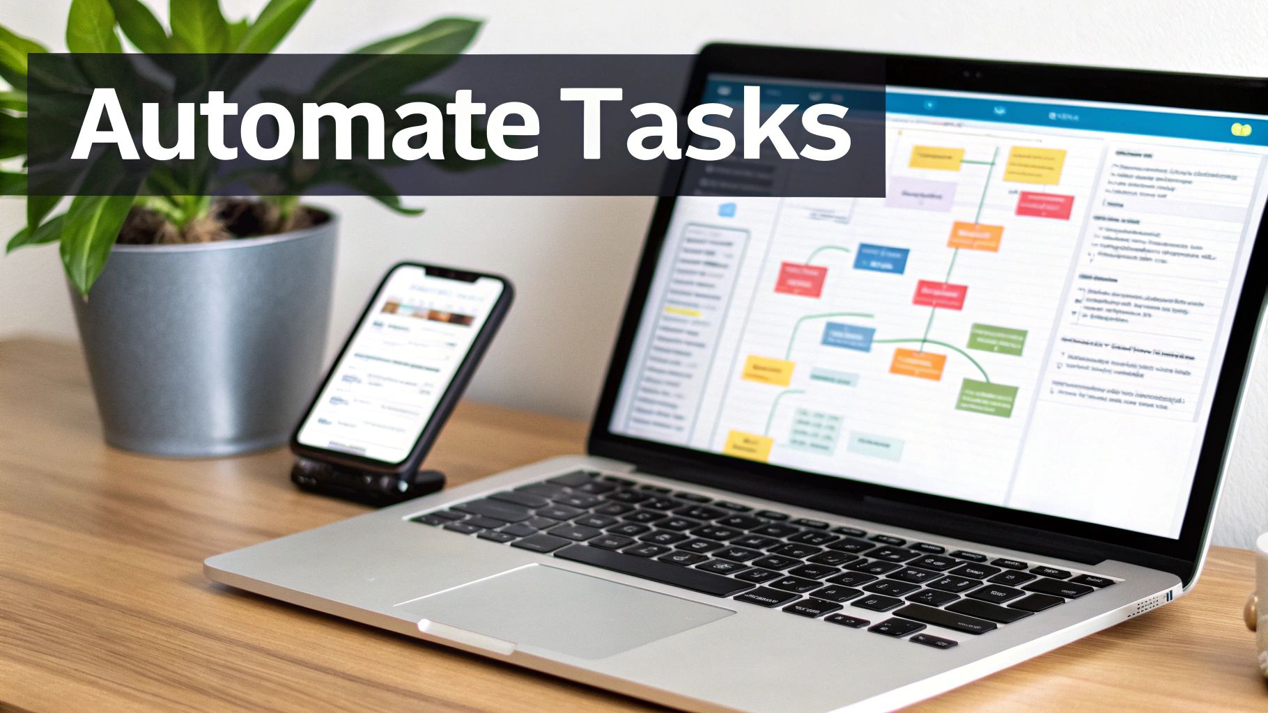 A laptop and smartphone on a wooden desk with a plant, displaying 'Automate Tasks' on a dark banner.