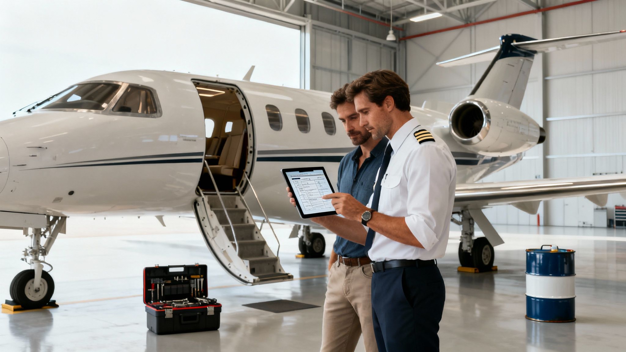 Pilot and man discussing jet information on a tablet in a private hangar.
