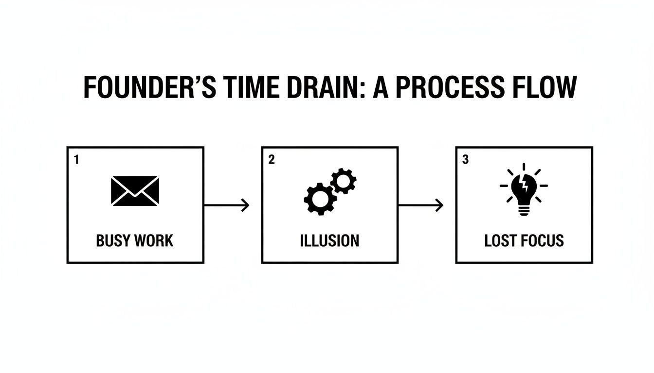 A process flow diagram illustrates 'Founder's Time Drain' from busy work to illusion and lost focus.