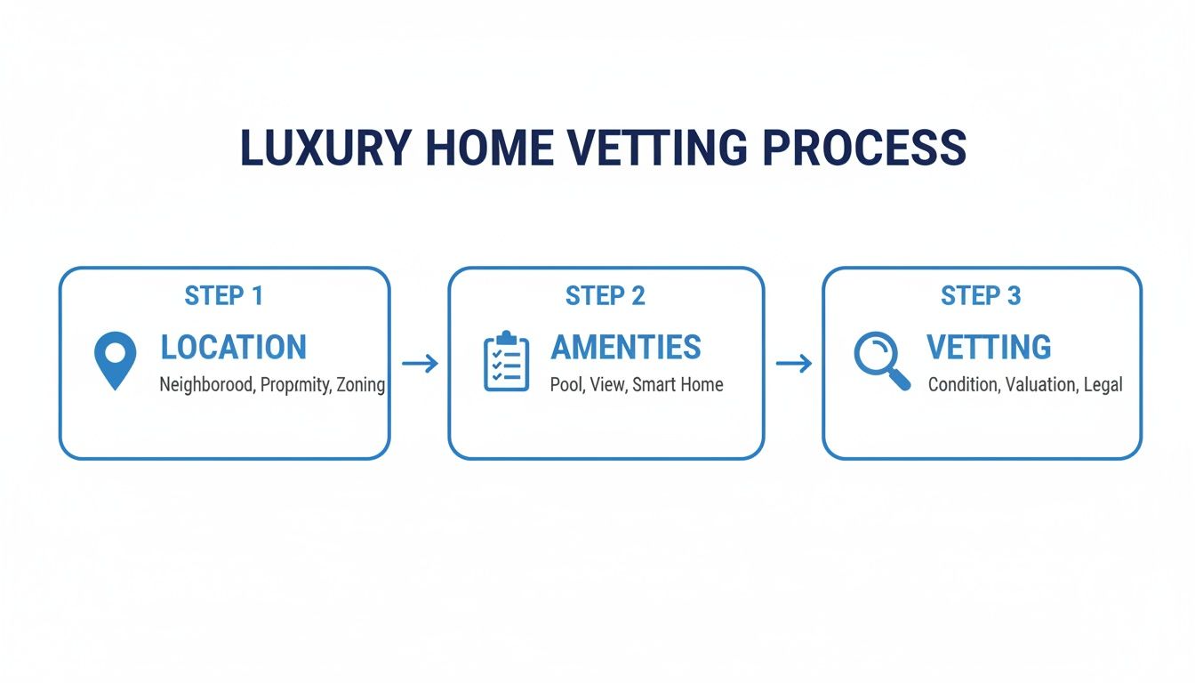 A flowchart titled 'Luxury Home Vetting Process' with three steps: Location, Amenities, and Vetting.
