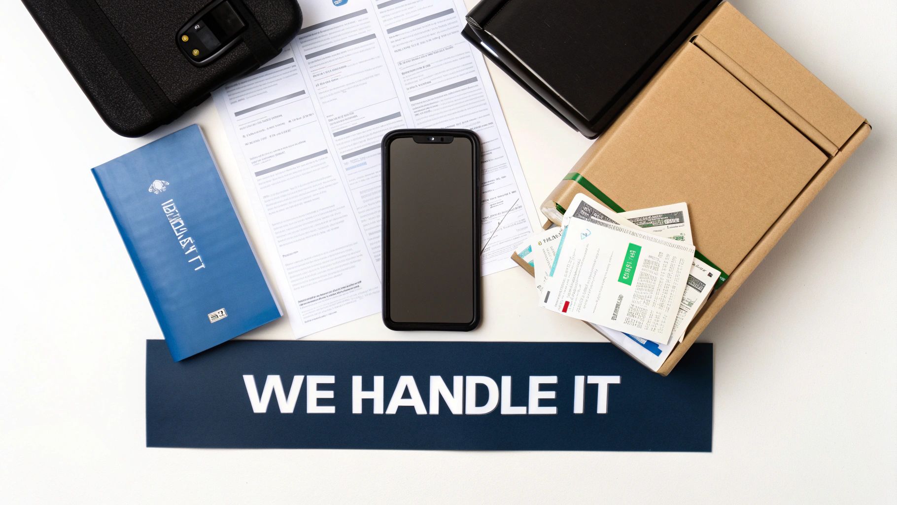 Flat lay of business and delivery items including a smartphone, documents, package, and a 'WE HANDLE IT' banner.