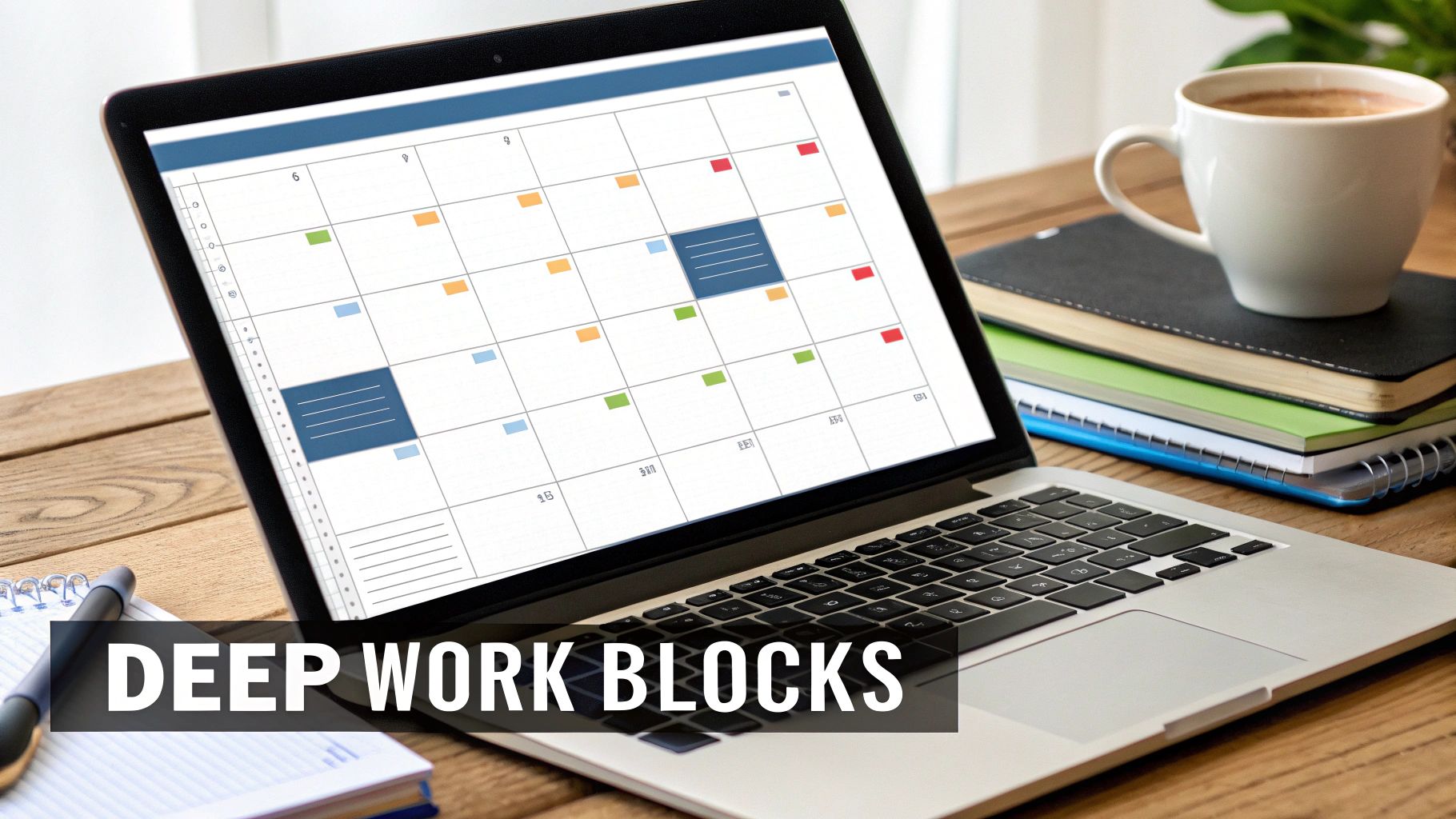 A laptop displays a calendar with deep work blocks, alongside a coffee cup and notebooks on a wooden desk.