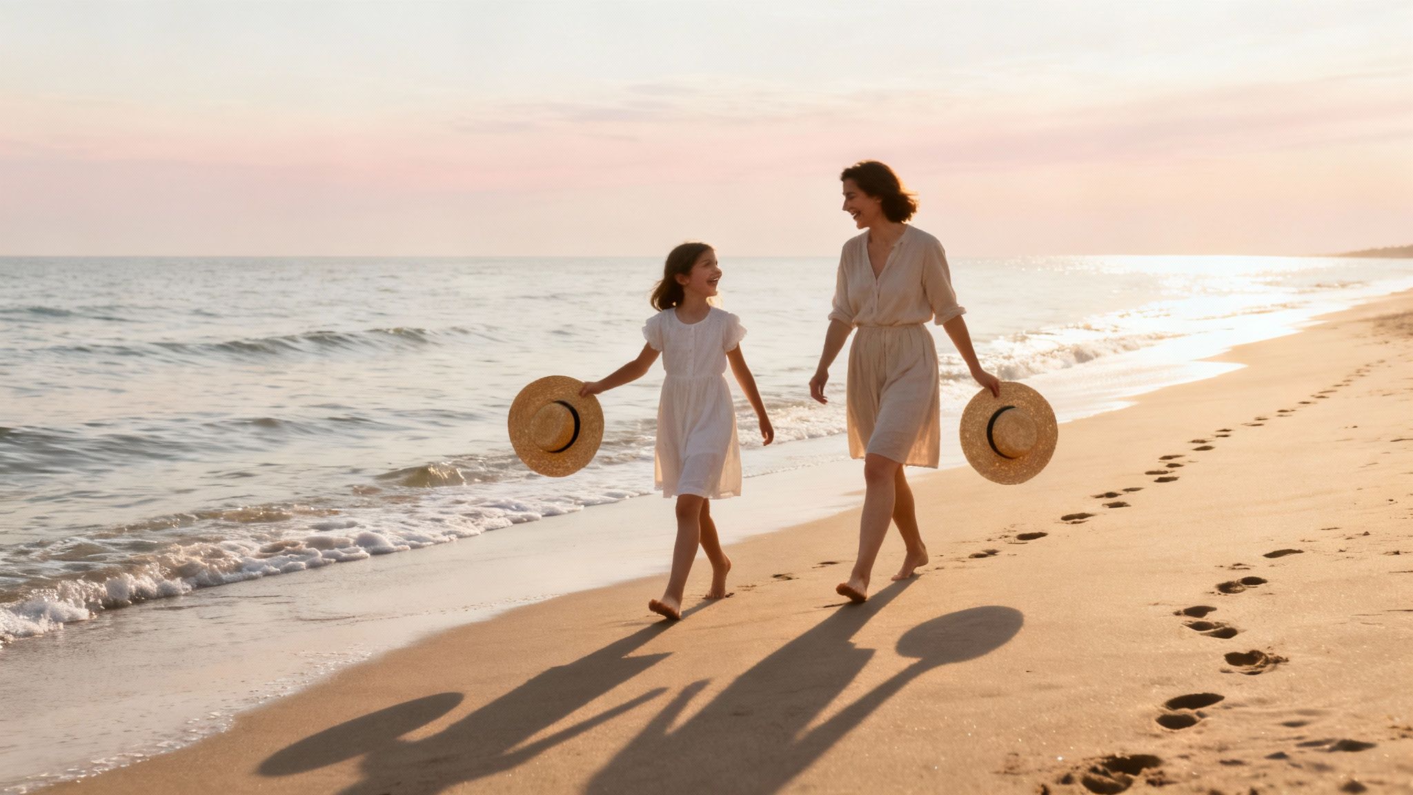 Mother and daughter happily walk barefoot on a sandy beach at sunset, holding straw hats.