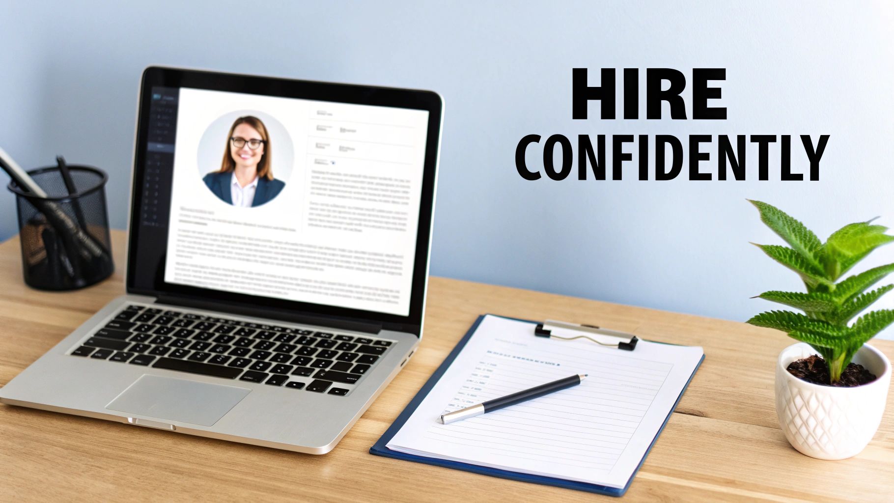 A laptop on a desk showing a professional resume, a clipboard, pens, and a plant, with 'HIRE CONFIDENTLY' on the wall.