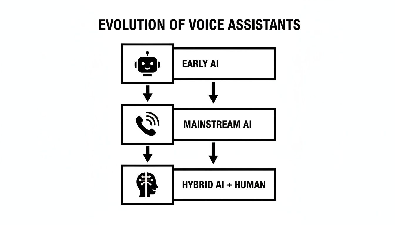 Infographic illustrating the evolution of voice assistants, from early AI to mainstream AI and hybrid human integration.