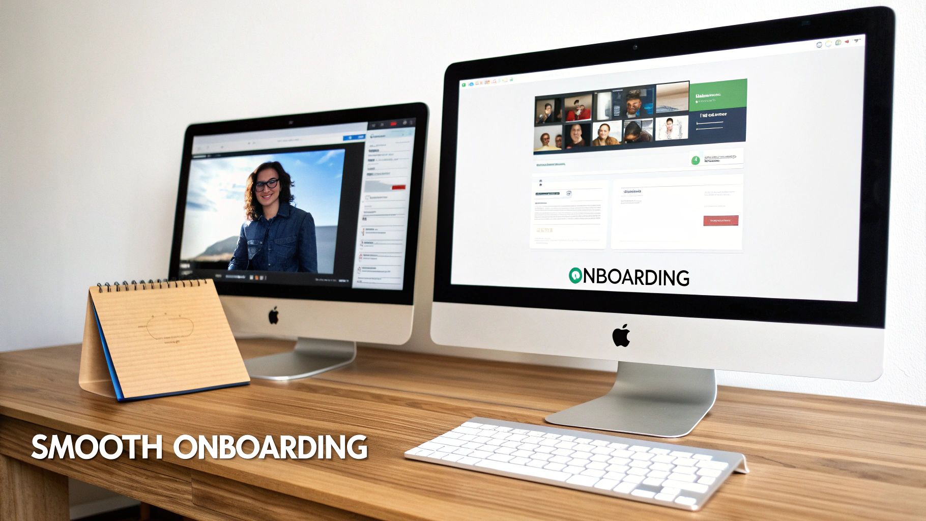 Two iMac computers on a wooden desk displaying a video call and an onboarding application.