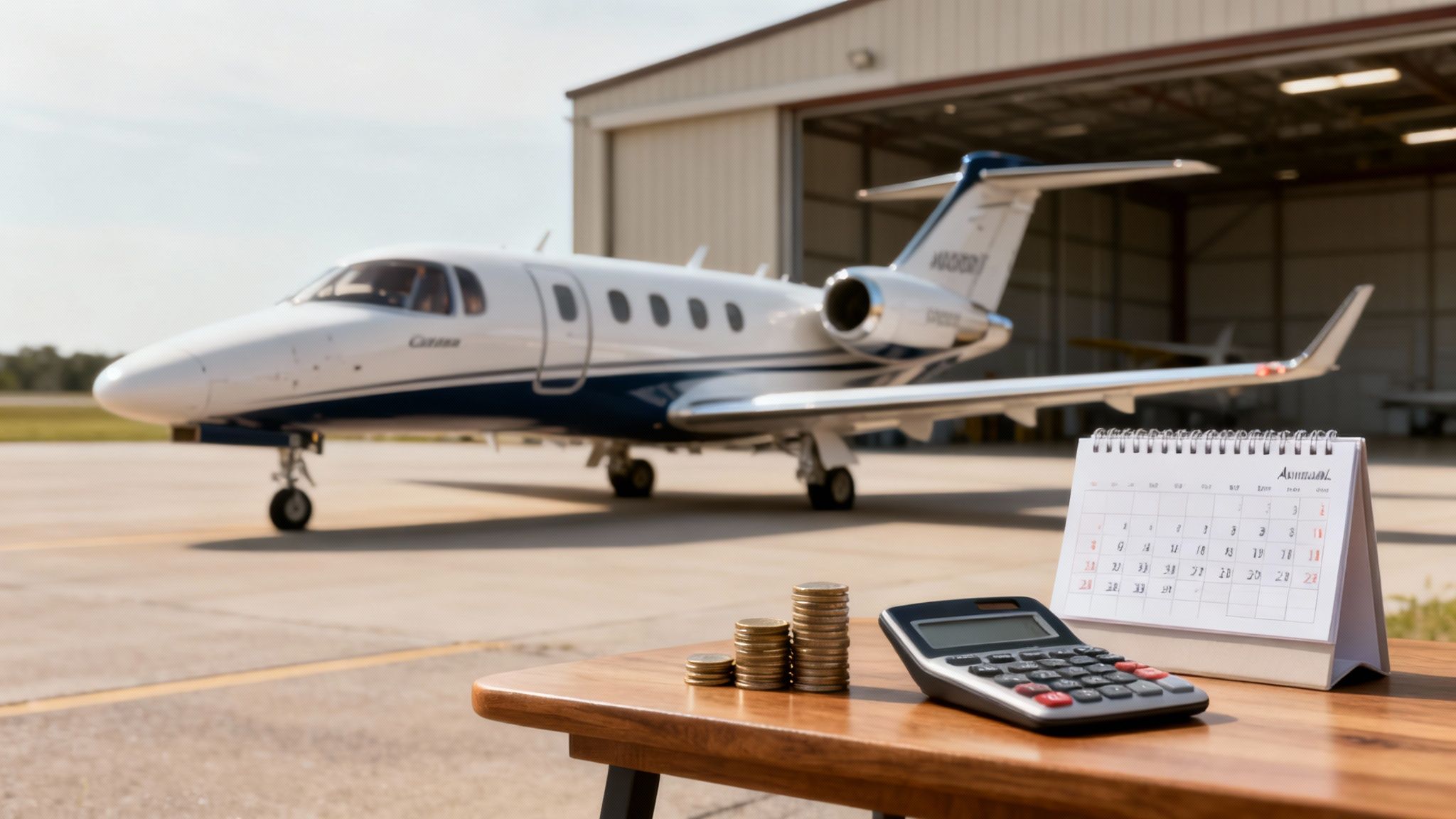 Stacks of coins, a calculator, and a calendar on a table with a private jet and hangar in the background.
