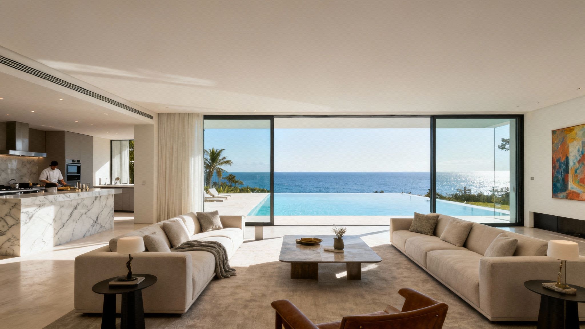 A luxurious modern open-plan living room and kitchen with an infinity pool and ocean view.