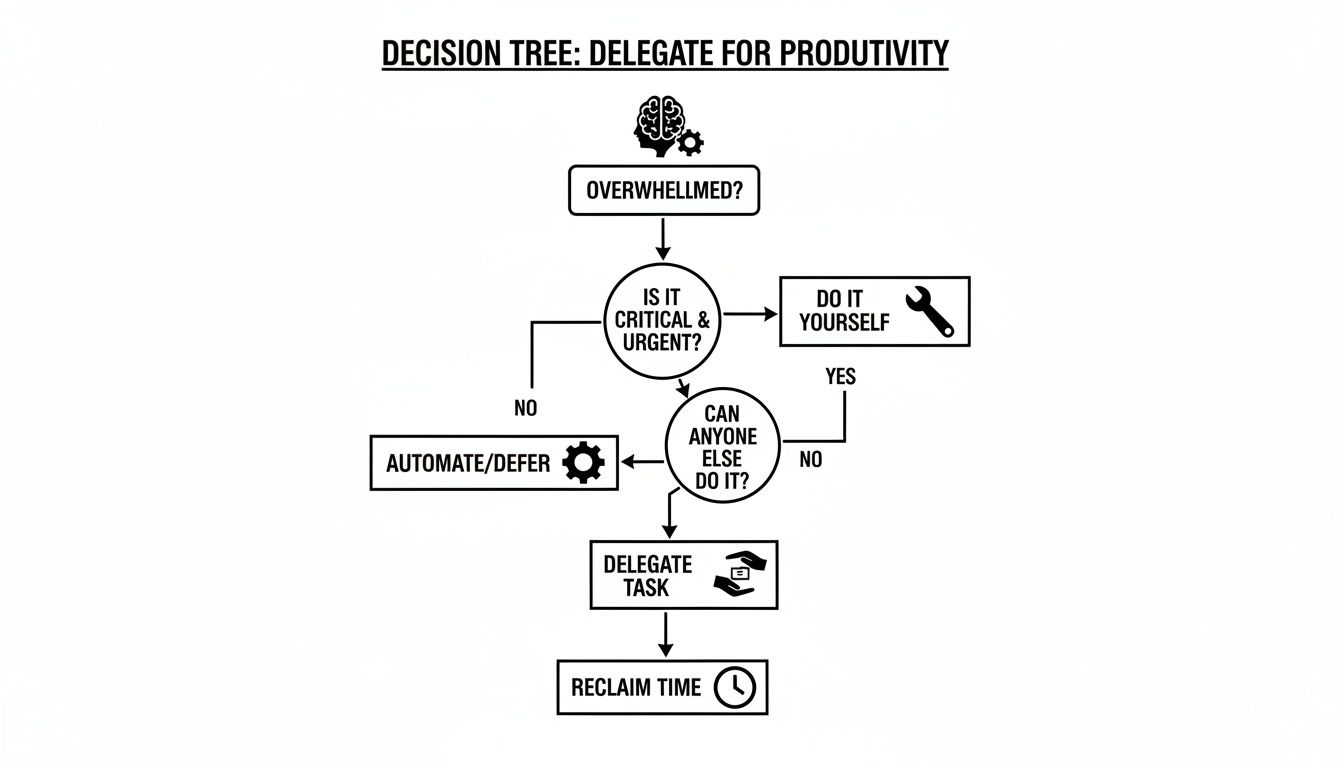 A decision tree flowchart for task delegation, guiding from feeling overwhelmed to reclaiming time through delegating or automating.