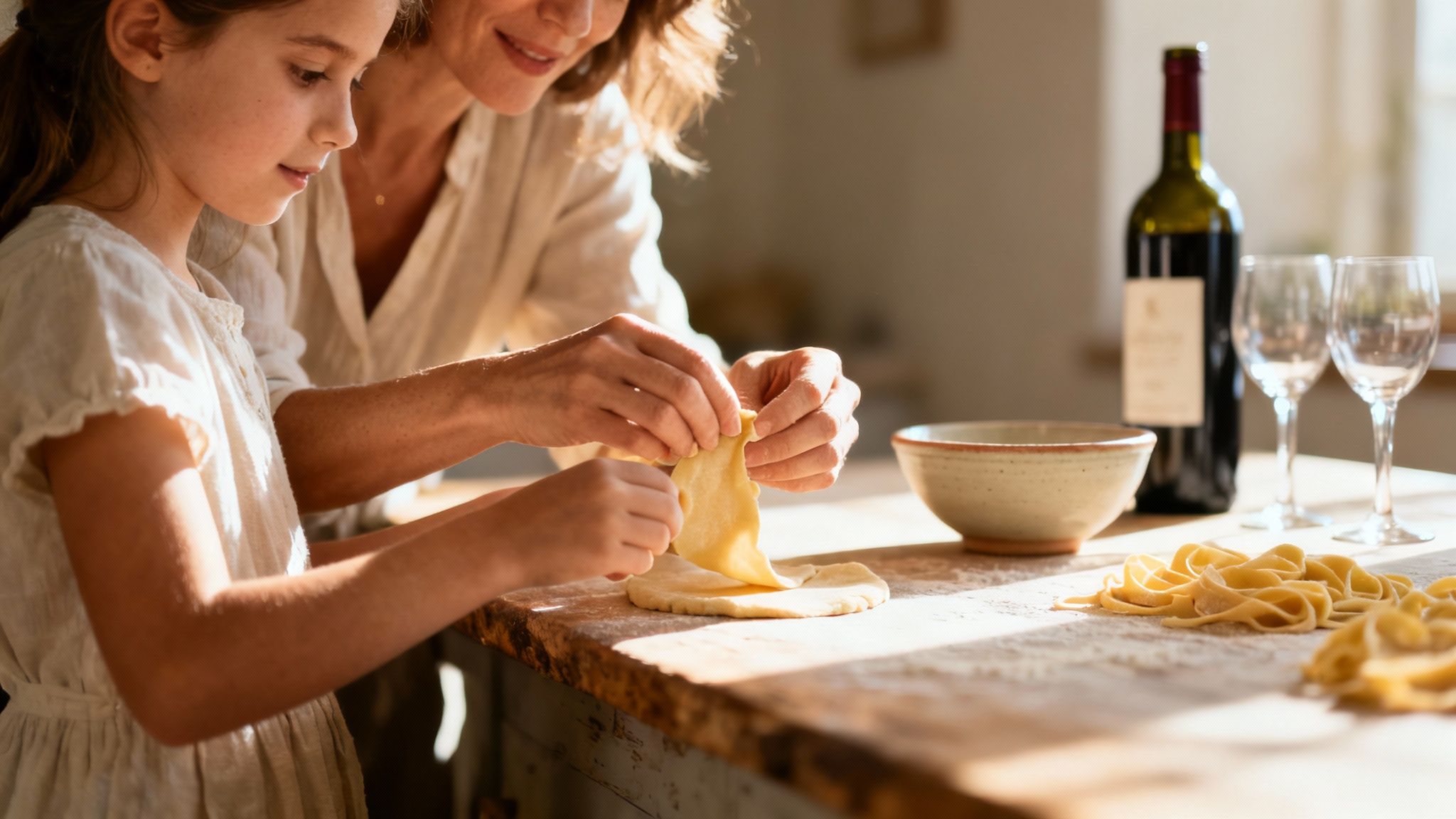 A happy mother and daughter are making fresh pasta by hand on a rustic wooden table.