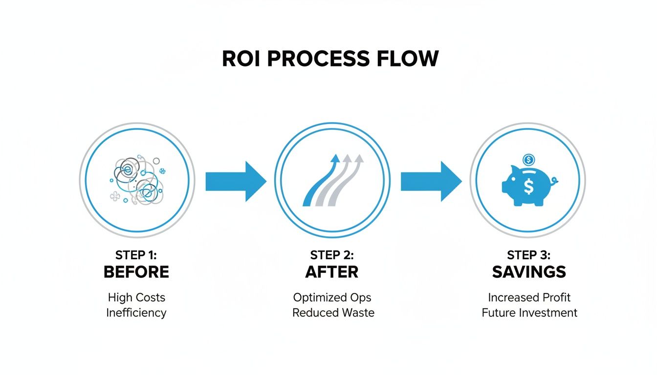 A diagram showing a three-step ROI process flow from inefficiency to optimized operations and savings.