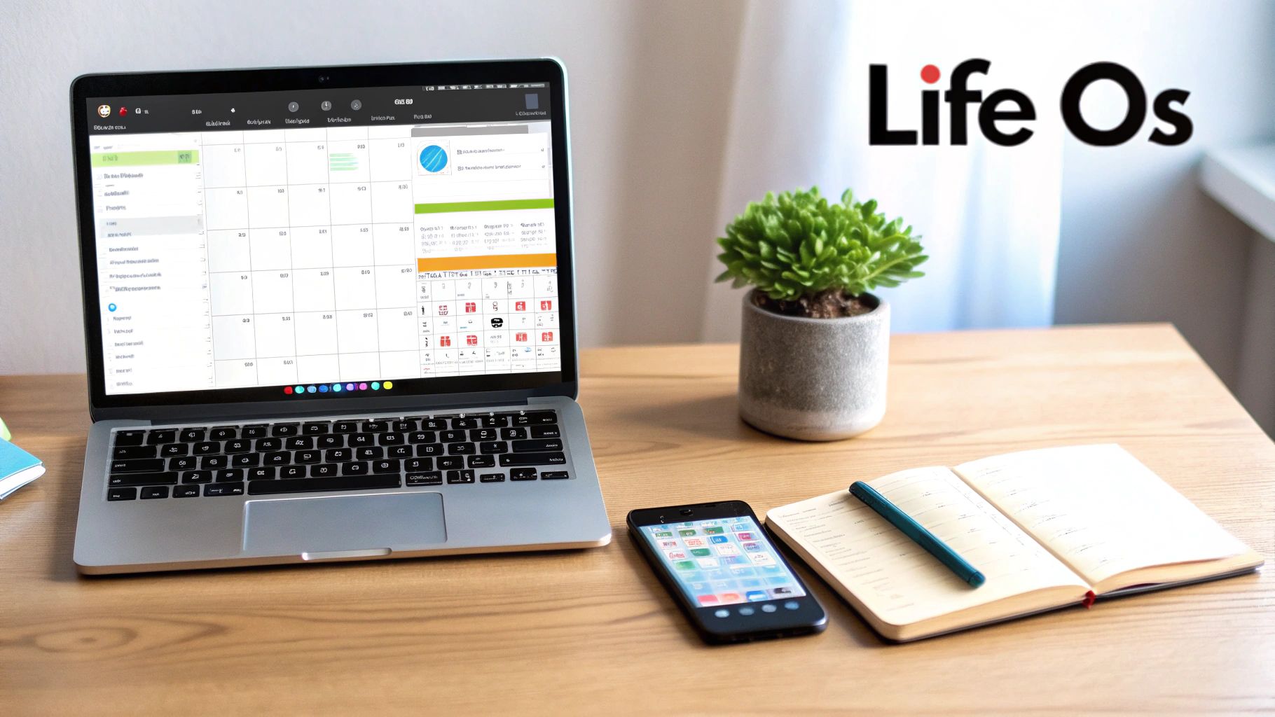 A modern workspace setup with a laptop displaying a calendar app, a smartphone, a notebook, and a plant.