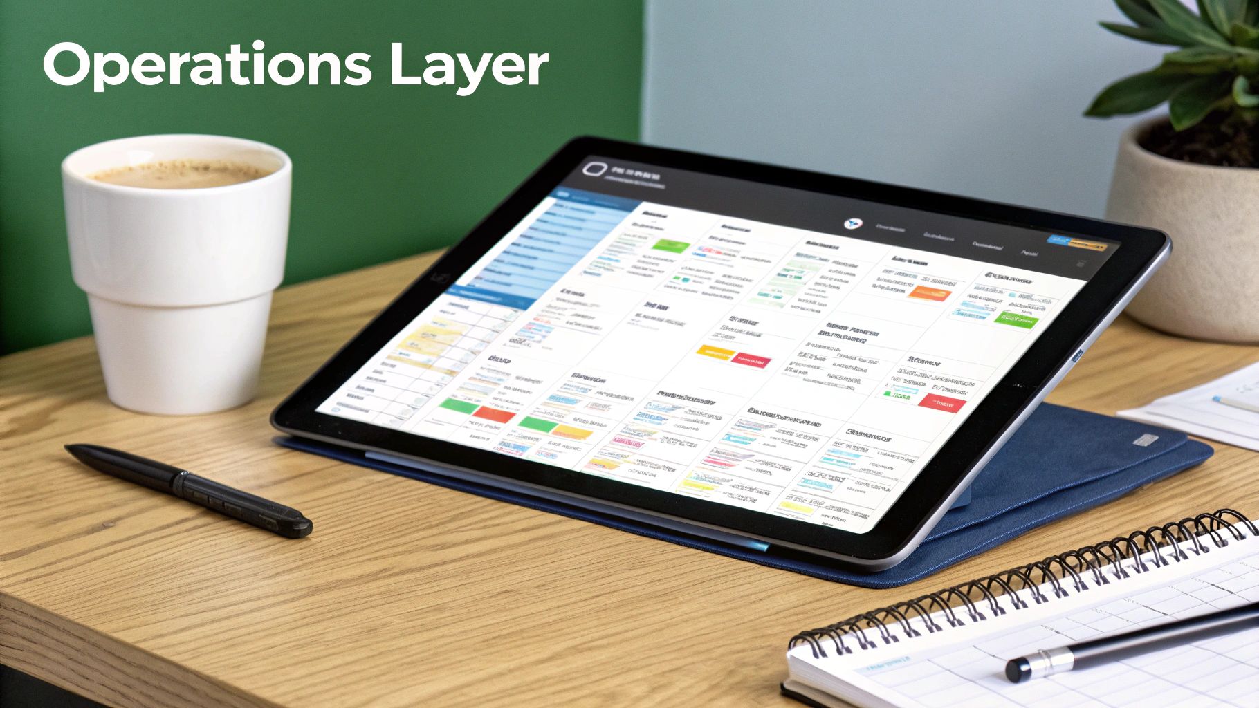 Digital operations dashboard on a tablet with coffee, pen, and notebook on a wood table.