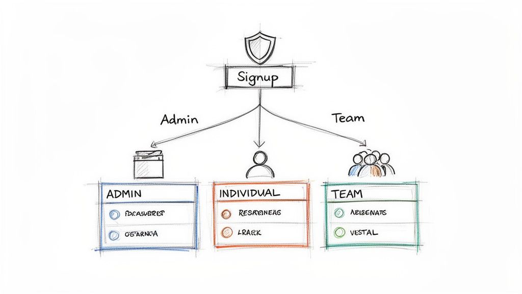 A hand-drawn diagram illustrating a signup process leading to Admin, Individual, and Team user roles with examples.