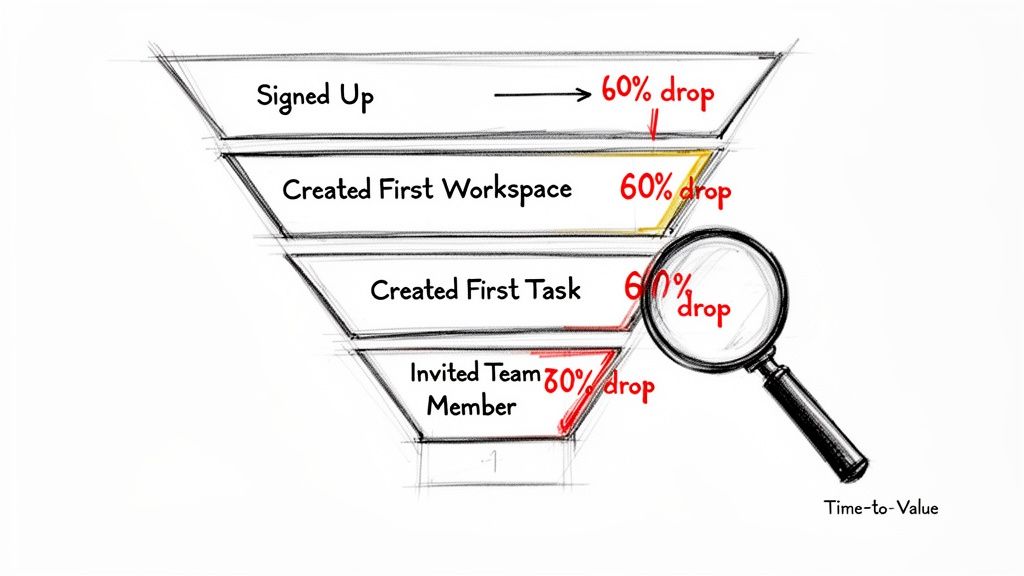 A funnel diagram showing drop-offs across onboarding steps and time-to-value.