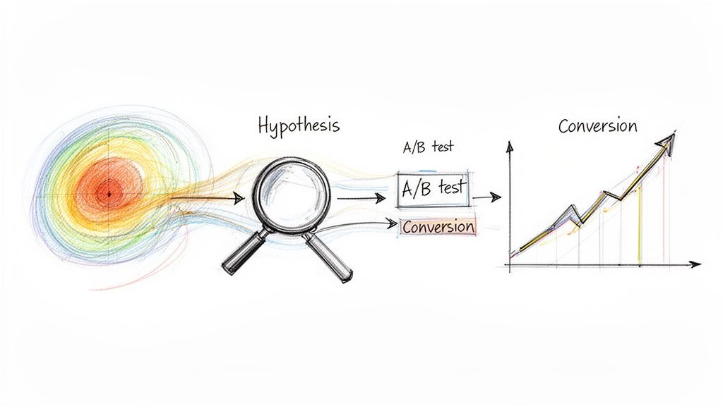Diagram showing the process from insight and hypothesis through A/B testing to conversion growth.