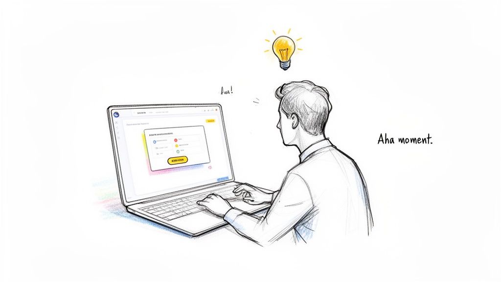 Sketch of a person having a lightbulb moment while using a laptop.