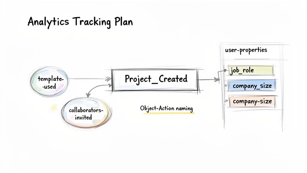 A detailed analytics tracking plan showing an event definition, trigger, and properties.