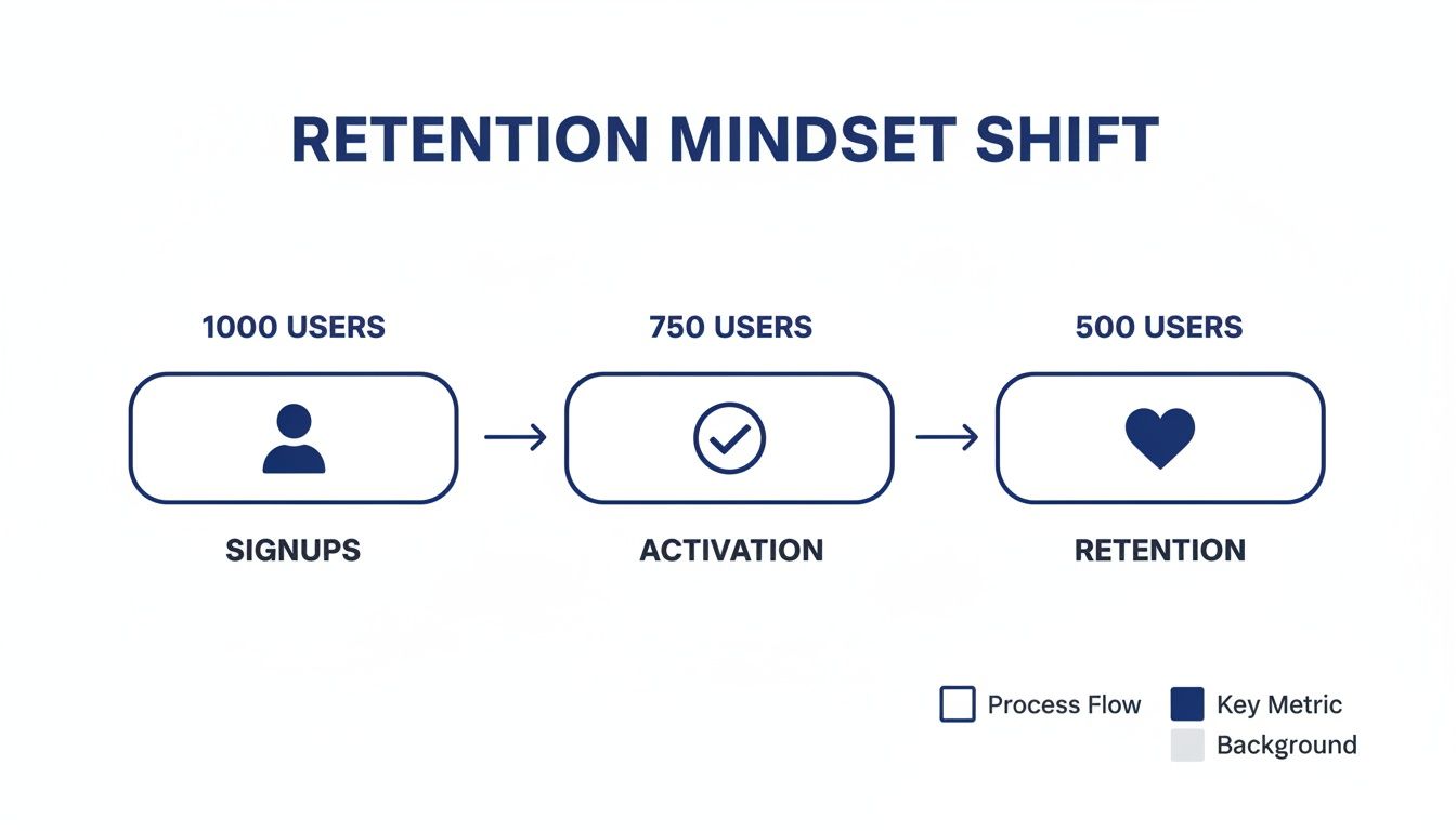 A diagram illustrating a retention mindset shift from signups to retained users.