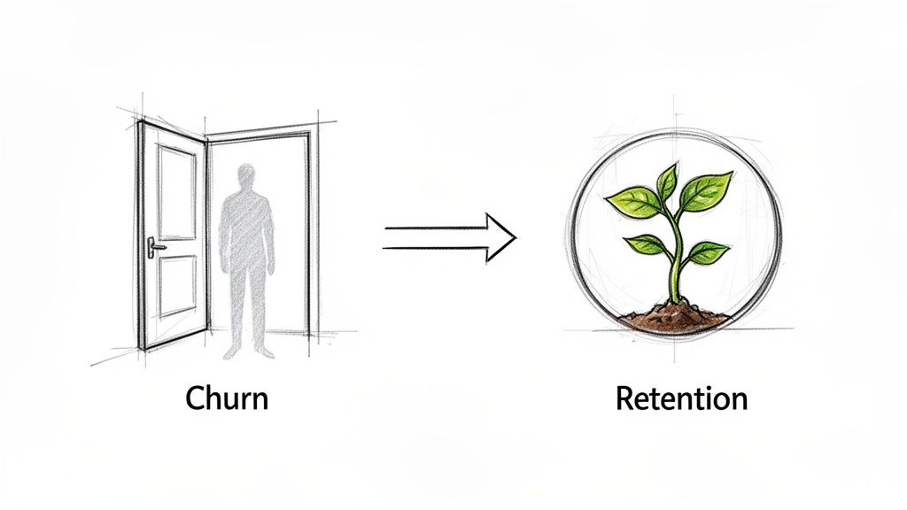 A sketch contrasting churn (leaving) vs retention (growing).