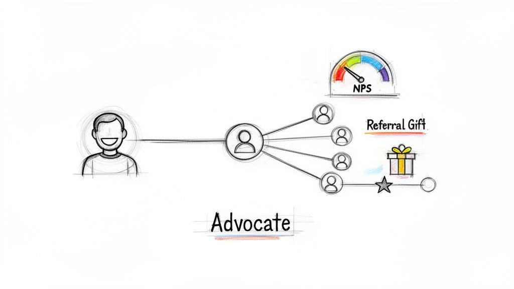 Illustration of advocates driving referrals, reviews, and growth.