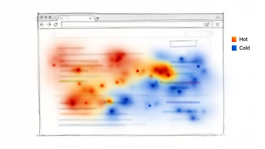 A heatmap overlaying a web browser window, showing user attention with hot (red) and cold (blue) areas.