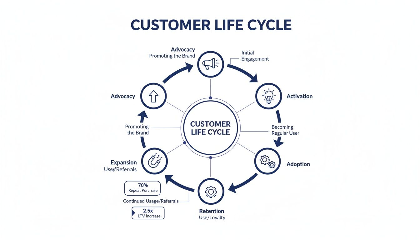 A detailed diagram illustrating the stages of the customer life cycle with metrics.