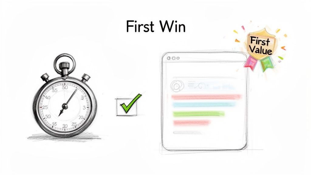 A stopwatch, green checkmark, and a web interface with a 'First Value' badge, illustrating a 'First Win'.