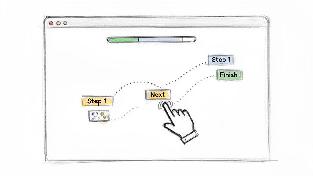 A hand clicks 'Next' in a web browser, illustrating a customer onboarding or user journey with steps and a progress bar.