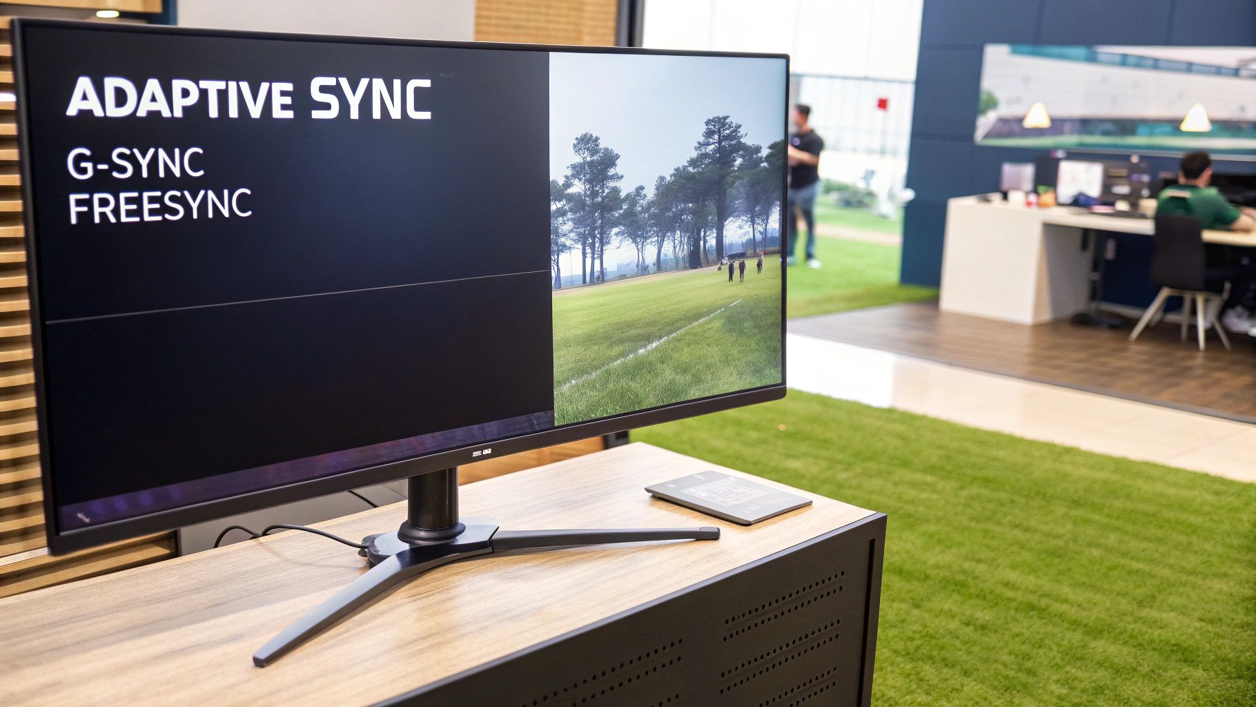 Fix Screen Tearing for Good: Your Ultimate Guide 3 A monitor displaying 'Adaptive Sync', 'G-Sync', 'FreeSync' text alongside a scenic golf course.
