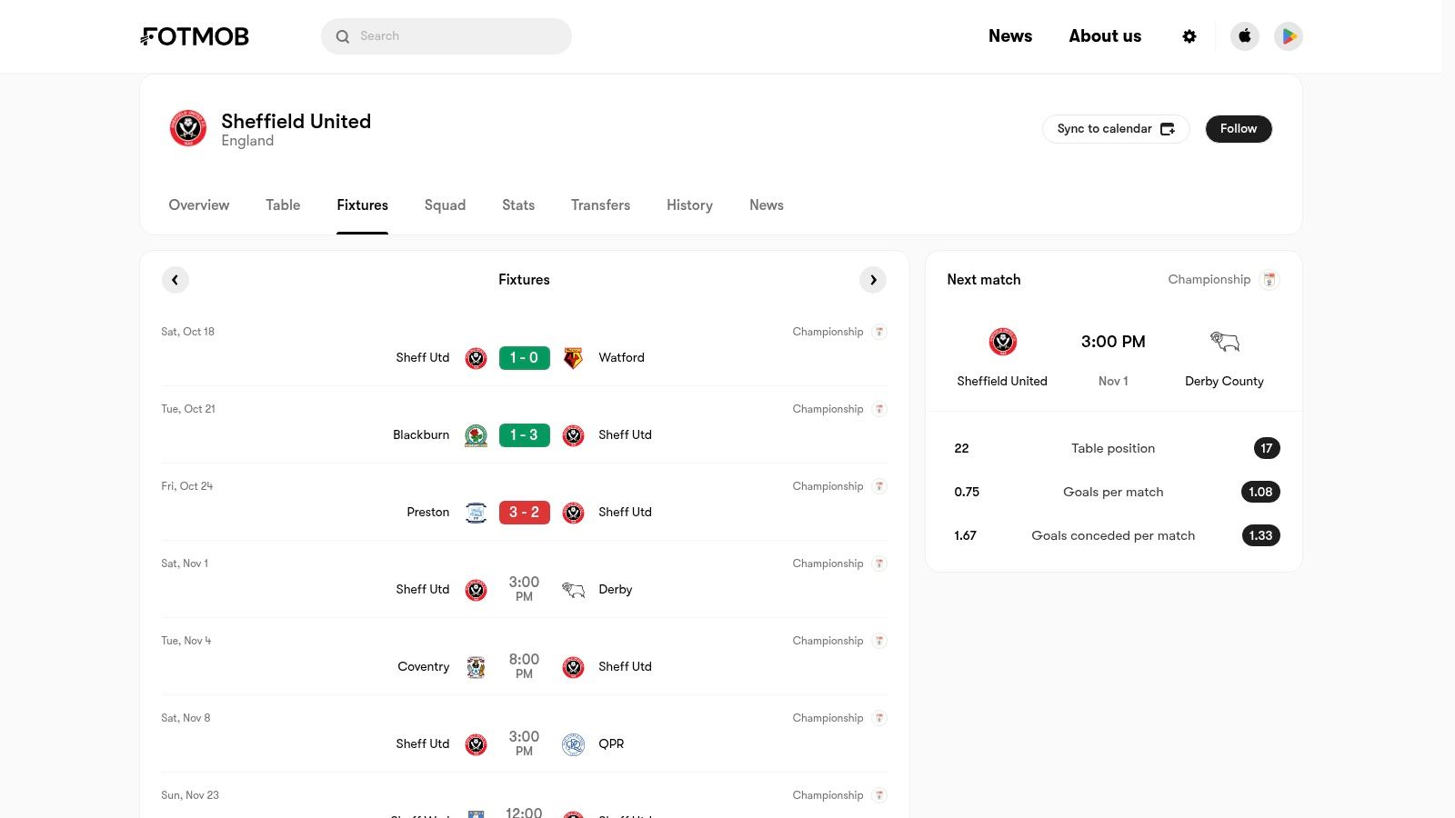 FotMob – Sheffield United fixtures hub