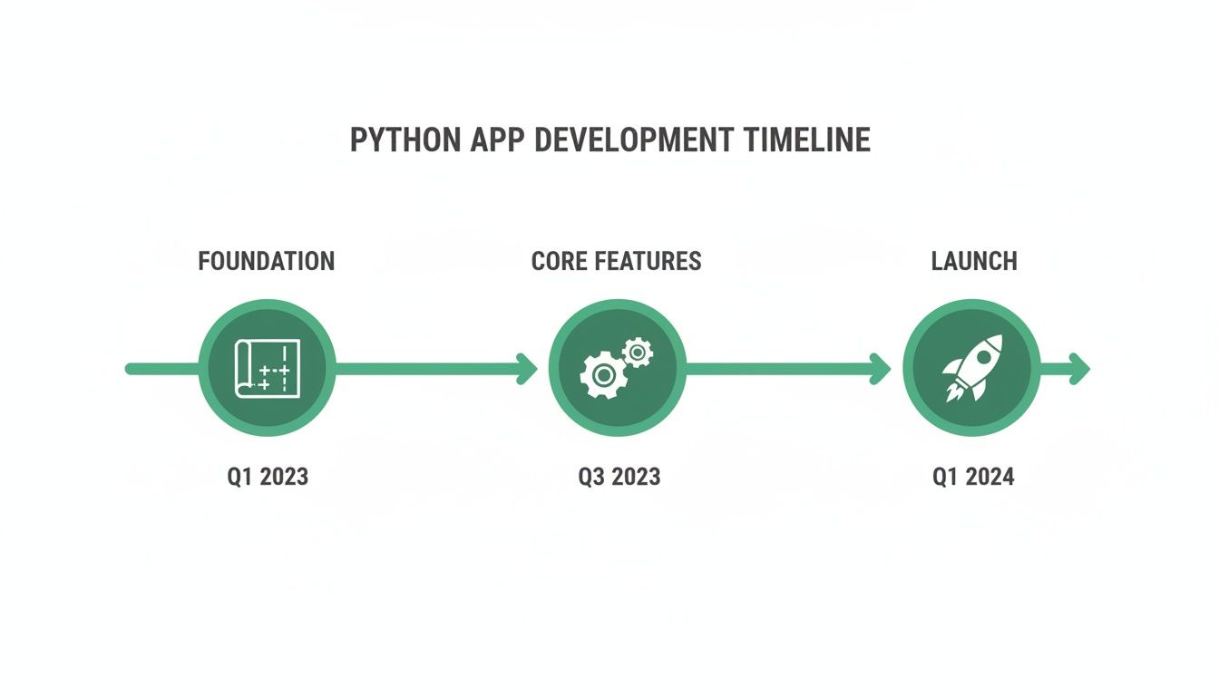 A Python app development timeline illustrating key stages: Foundation, Core Features, and Launch with quarterly dates.