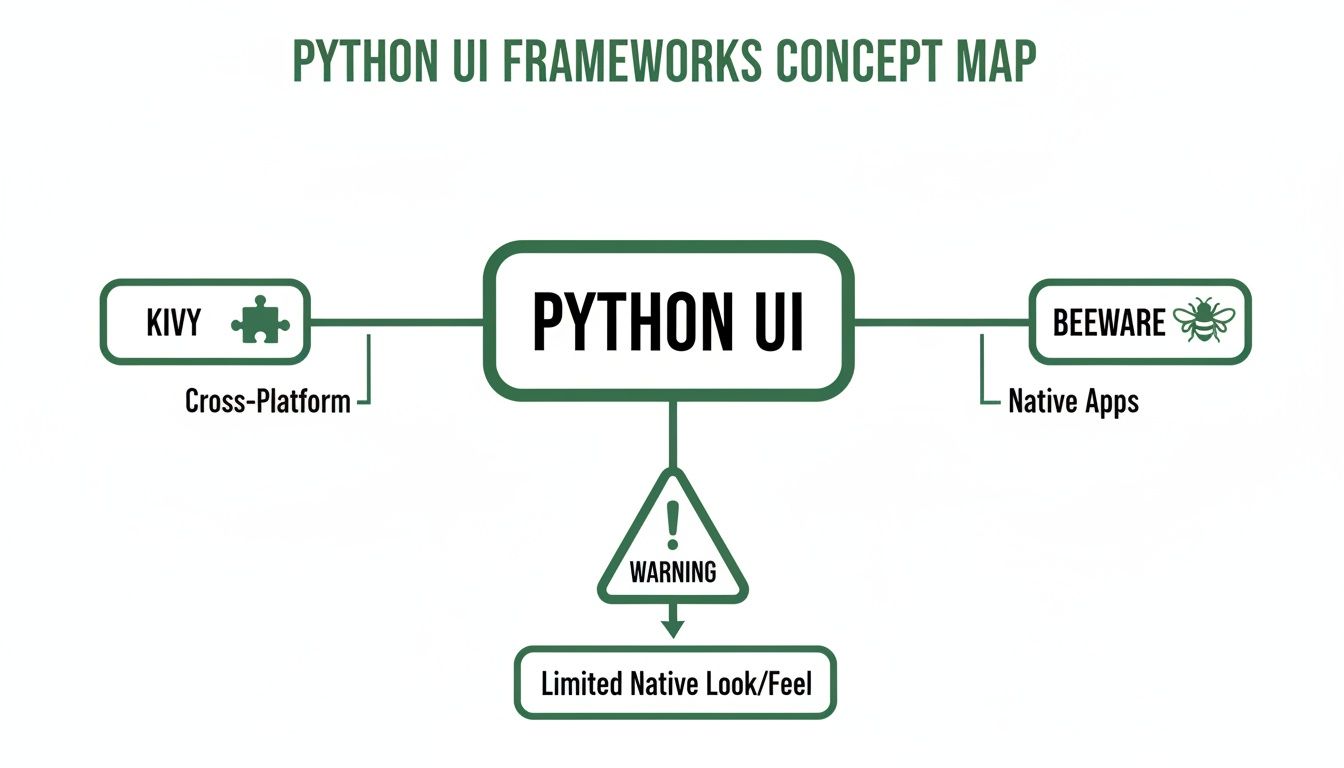 Concept map showing Python UI frameworks: Kivy (cross-platform), BeeWare (native apps), and their limited native look/feel.