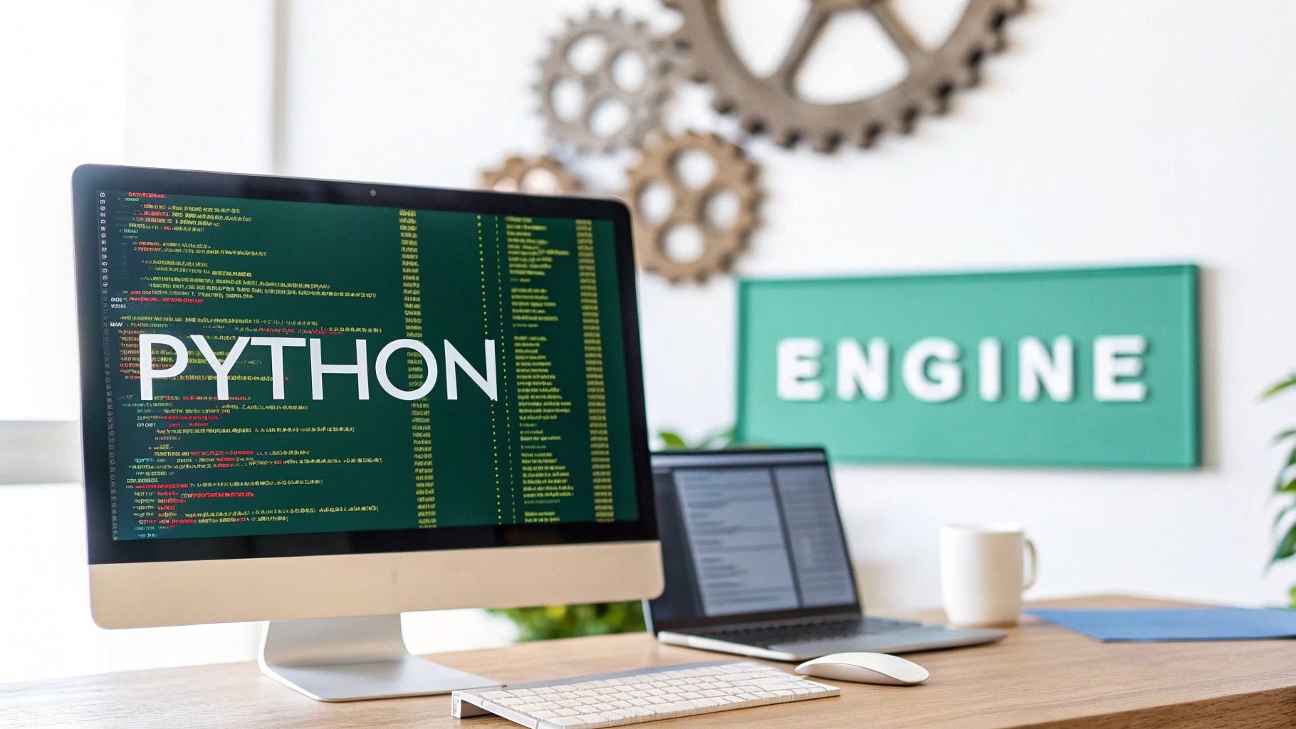 A desktop monitor displaying Python code next to a laptop and keyboard on a wooden desk.